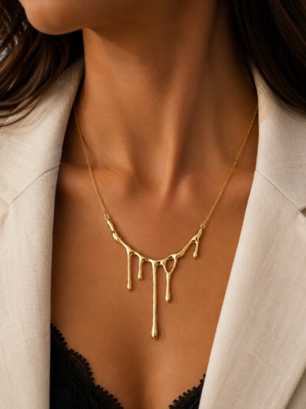 925 Sterling Silver Drip Necklace 18k Gold Statement Necklace Melting Necklace